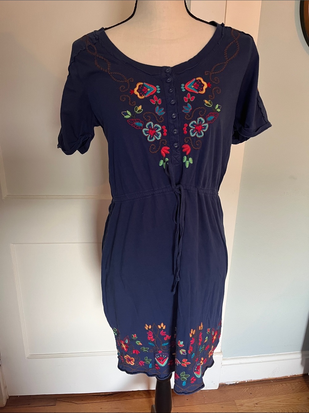 Johnny Was Navy Embroidered Short-Sleeve Dress